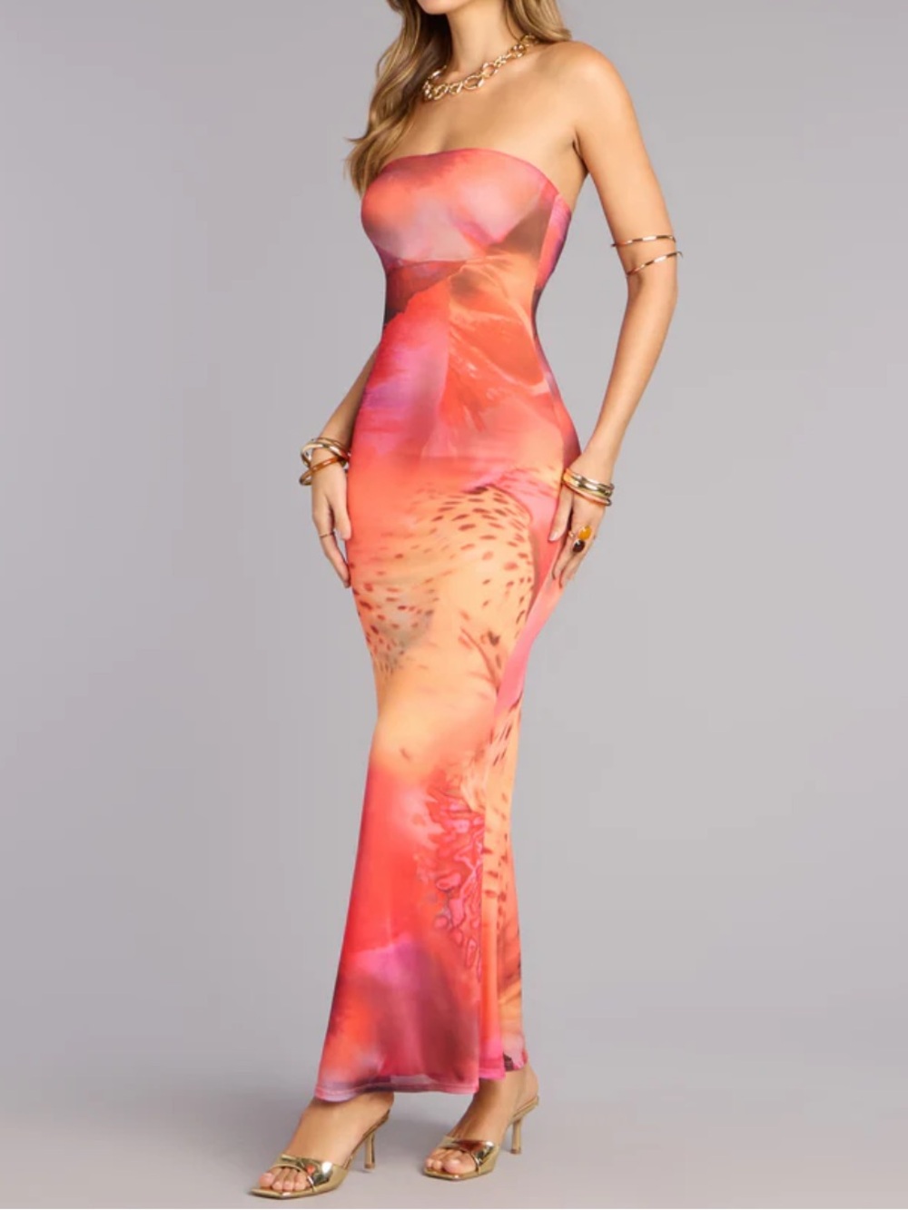 Sunset Stunner Strapless Maxi Dress in Coral Pink